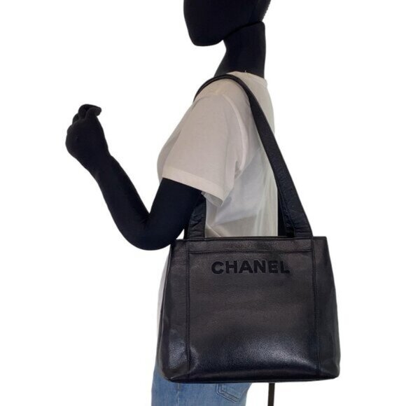 Authentic CHANEL CC Timeless Caviar Logo Shoulder Tote Bag Black Leather Purse - Picture 2 of 16